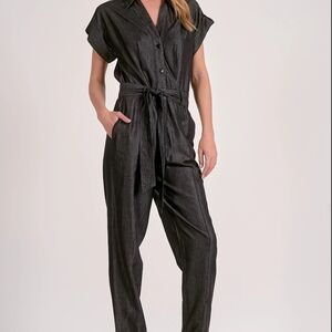 Elan Black Short-Sleeve Tie-Waist Jumpsuit